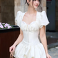 White puff sleeves, square neck, slim waist, bud skirt, short skirt for homecoming dress R4479