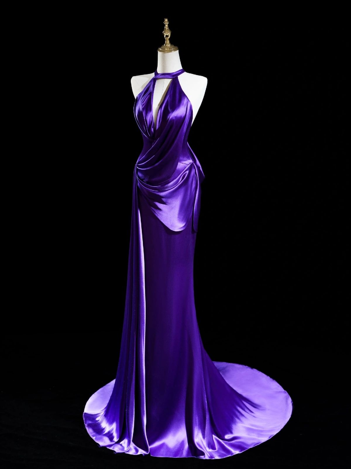 Dark purple halterneck slim-waisted long dress, prom dress R5349