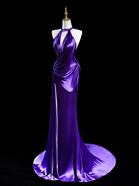 Dark purple halterneck slim-waisted long dress, prom dress R5349