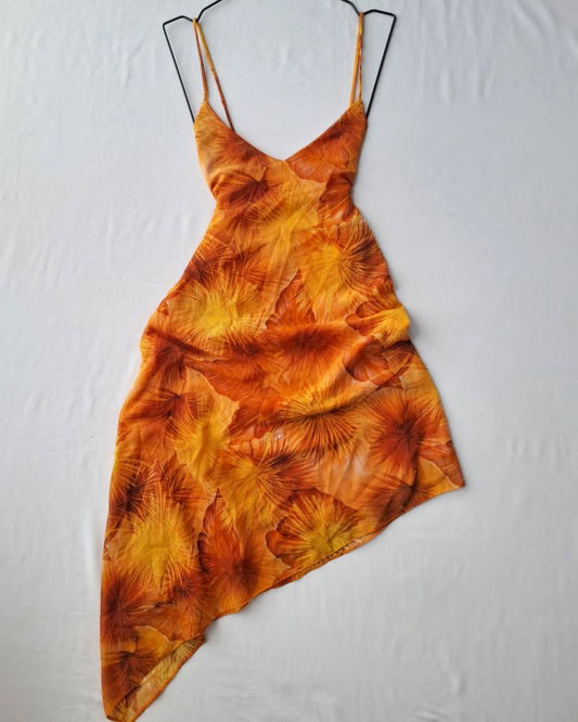 Orange and yellow printed suspenders low-cut waist sexy sun dress homecoming dress R2632