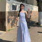 Fairy romantic French blue plaid long skirt tube top temperament design sling dress R1701