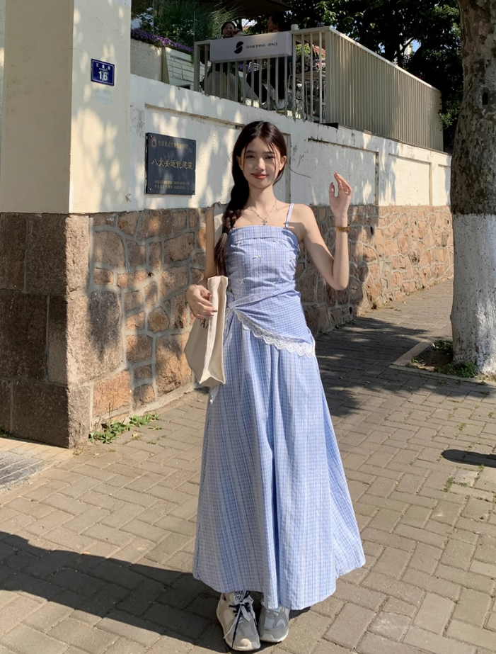 Fairy romantic French blue plaid long skirt tube top temperament design sling dress R1701