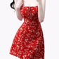 2025 Summer New Red Floral Waisted Seaside Vacation Short Suspender Dress R0950