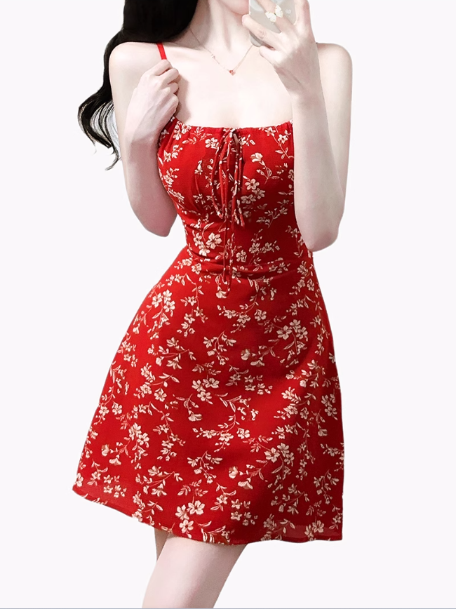 2025 Summer New Red Floral Waisted Seaside Vacation Short Suspender Dress R0950