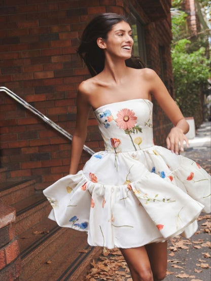 White tube top short skirt printed waist fresh puffy short skirt homecoming dress R3644