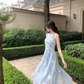 French style blue floral 3D lace waist dress R4295