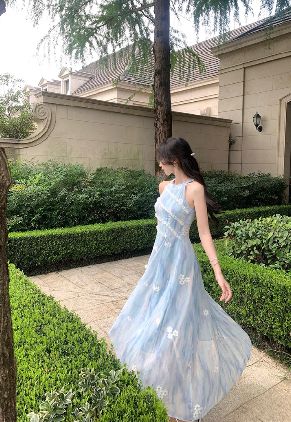 French style blue floral 3D lace waist dress R4295