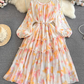 Gentle style lady temperament long sleeve low round neck waist medium length A-line printed dress R0392