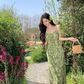 Green floral suspender dress beautiful waist A-line long skirt R0601