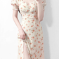 2025 Summer New French Square Neck Puff Sleeve Mid-Length Floral Waist Dress R0928