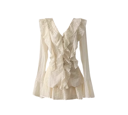 Autumn Korean style sweet long-sleeved shirt suit French style high waist skirt two-piece suit R0061