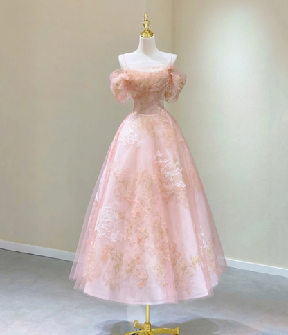 Romantic Pink Prom Gown , Floral Pattern Elegant Corset Maxi Evening Dress Ball Gown RS1457