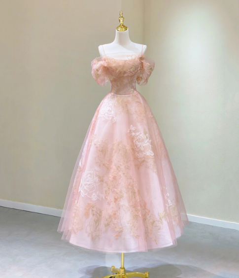 Romantic Pink Prom Gown , Floral Pattern Elegant Corset Maxi Evening Dress Ball Gown RS1457