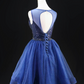 Sexy Royal Blue Beaded A-Line Sheer Straps Corset Mini Prom Dress Homecoming Dress RS422