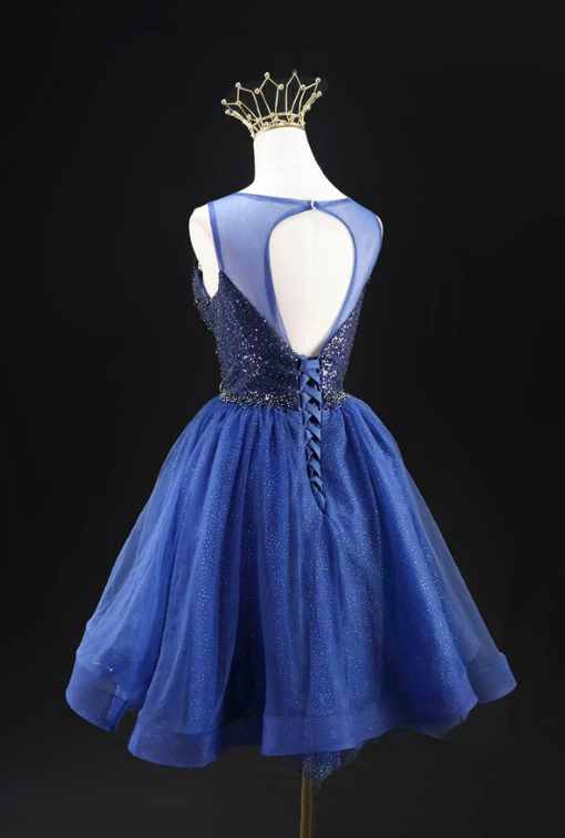 Sexy Royal Blue Beaded A-Line Sheer Straps Corset Mini Prom Dress Homecoming Dress RS422