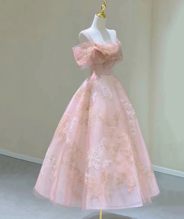 Romantic Pink Prom Gown , Floral Pattern Elegant Corset Maxi Evening Dress Ball Gown RS1457