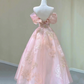 Romantic Pink Prom Gown , Floral Pattern Elegant Corset Maxi Evening Dress Ball Gown RS1457