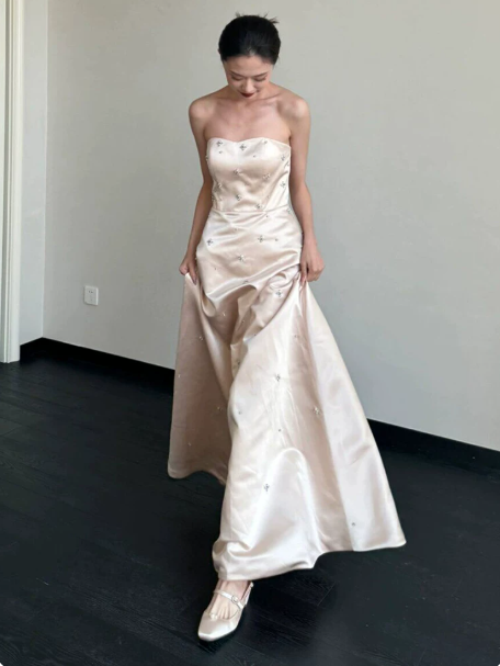 French Chic Light Ivory A-Line Strapless Long Wedding Dress RS144