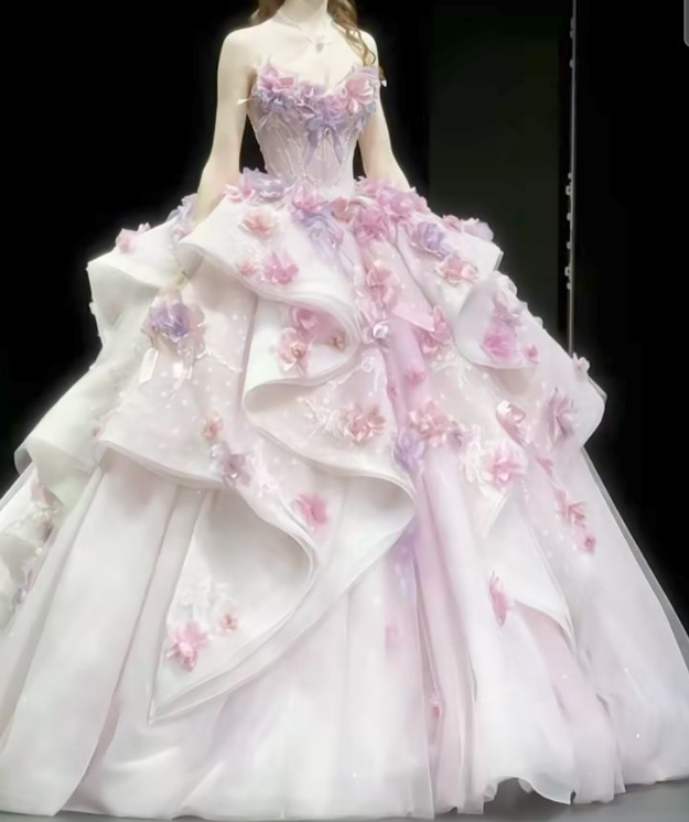 Dreamy Pink Prom Gown , Puffy 3D Floal Pleated Corset Maxi Quinceanera Dress Ball Gown RS1715