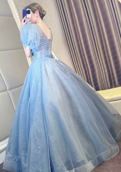 Sparkly Blue Prom Gown , Puffy Sequins Corset Maxi Quinceanera Dress Ball Gown RS1716