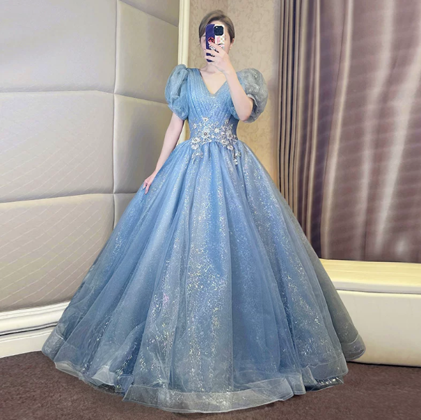 Sparkly Blue Prom Gown , Puffy Sequins Corset Maxi Quinceanera Dress Ball Gown RS1716