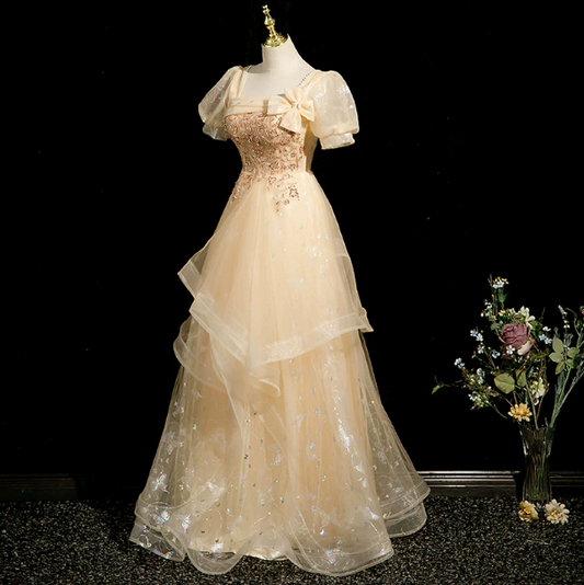 Gorgeous Pastel Yellow Prom Gown , Glitter Sequins Corset Maxi Evening Dress RS1717