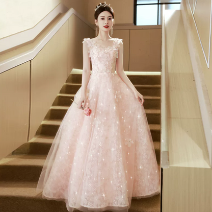 Sweet Pink Prom Gown , Tulle Glitter Applique Corset Maxi Evening Dress Ball Gown RS1720