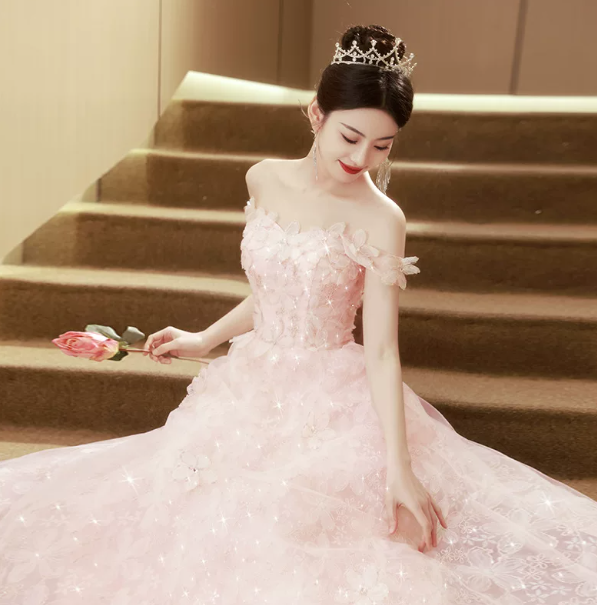 Sweet Pink Prom Gown , Tulle Glitter Applique Corset Maxi Evening Dress Ball Gown RS1720