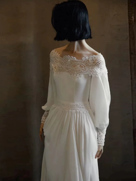 French Retro Light Ivory A-Line Bateau Long Women Dress with Lace RS145