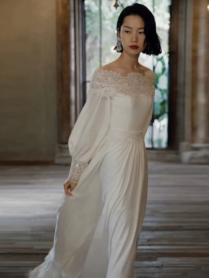 French Retro Light Ivory A-Line Bateau Long Women Dress with Lace RS145