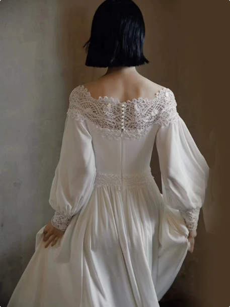 French Retro Light Ivory A-Line Bateau Long Women Dress with Lace RS145