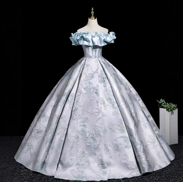 Elegant Sliver Prom Gown , Silky Satin Printed Pattern Corset Maxi Evening Dress Ball Gown RS1721