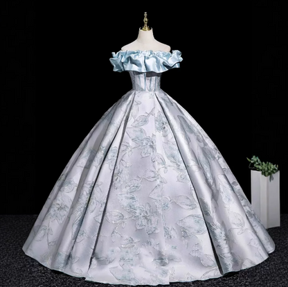 Elegant Sliver Prom Gown , Silky Satin Printed Pattern Corset Maxi Evening Dress Ball Gown RS1721