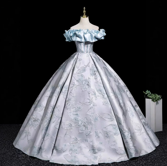 Elegant Sliver Prom Gown , Silky Satin Printed Pattern Corset Maxi Evening Dress Ball Gown RS1721