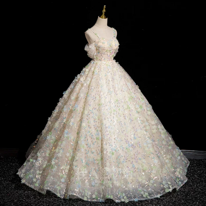 Sparkly Champagne Prom Gown , Tulle Glitter Floral Corset Maxi Evening Dress Ball Gown RS1722