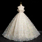 Sparkly Champagne Prom Gown , Tulle Glitter Floral Corset Maxi Evening Dress Ball Gown RS1722