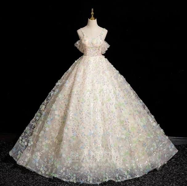 Sparkly Champagne Prom Gown , Tulle Glitter Floral Corset Maxi Evening Dress Ball Gown RS1722