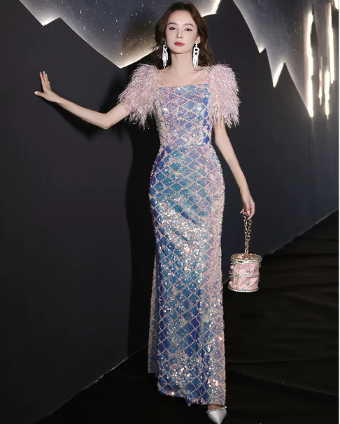 Sparkly Contrast Prom Gown , Glitter Sequins Striped Corset Maxi Evening Dress Ball Gown RS1723