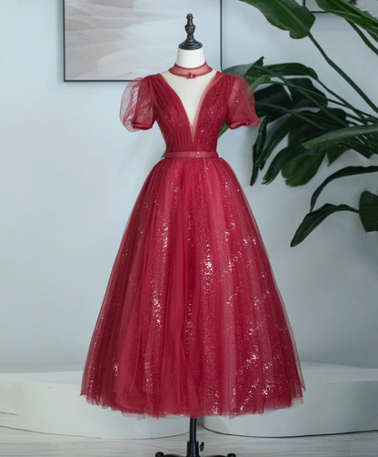 Sparkly Red Prom Gown , Glitter Tulle Corset Midi Birthday Dress RS1725