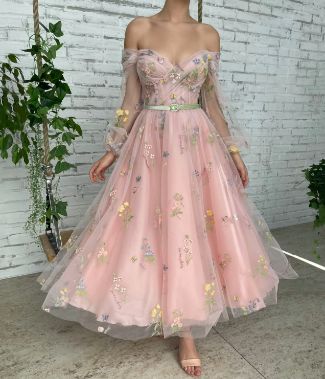 Sparkly Pink Prom Gown , Glitter Tulle Floral Corset Midi Birthday Dress RS1726