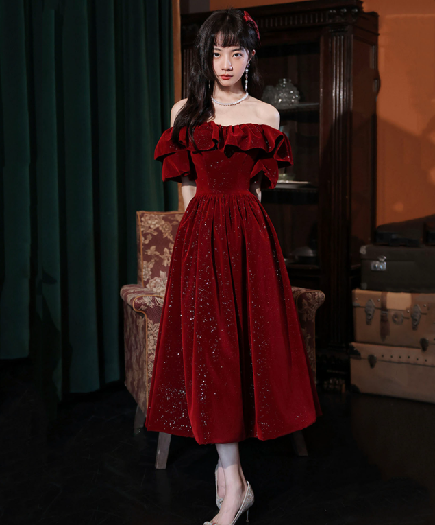 Sparkly Burgundy Prom Gown , Satin Glitter Sequins Corset Midi Evening Dress RS1728