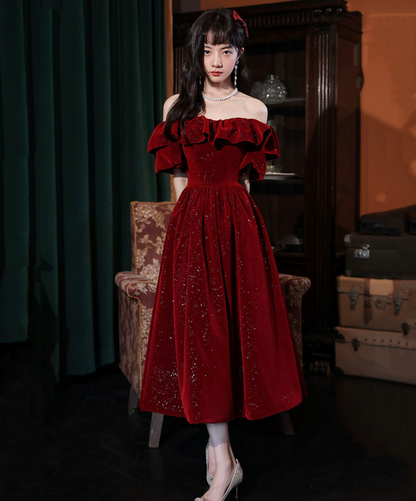 Sparkly Burgundy Prom Gown , Satin Glitter Sequins Corset Midi Evening Dress RS1728