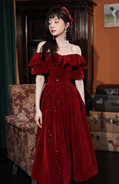 Sparkly Burgundy Prom Gown , Satin Glitter Sequins Corset Midi Evening Dress RS1728