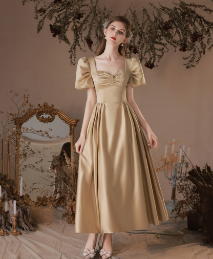 Sparkly Golden Prom Gown , Satin Silky Beaded Corset Midi Evening Dress RS1729