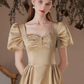 Sparkly Golden Prom Gown , Satin Silky Beaded Corset Midi Evening Dress RS1729