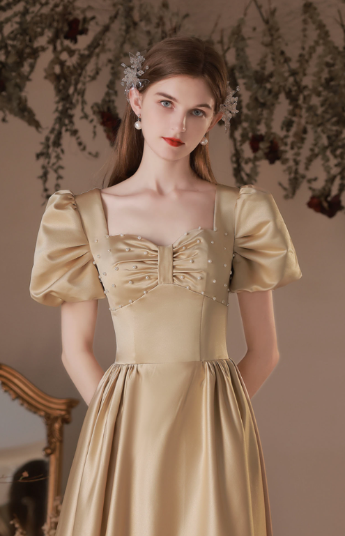 Sparkly Golden Prom Gown , Satin Silky Beaded Corset Midi Evening Dress RS1729