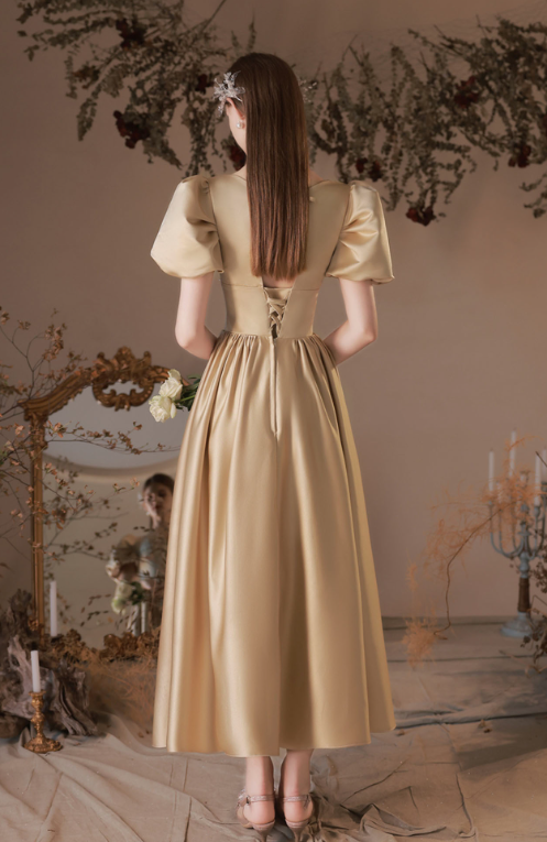 Sparkly Golden Prom Gown , Satin Silky Beaded Corset Midi Evening Dress RS1729