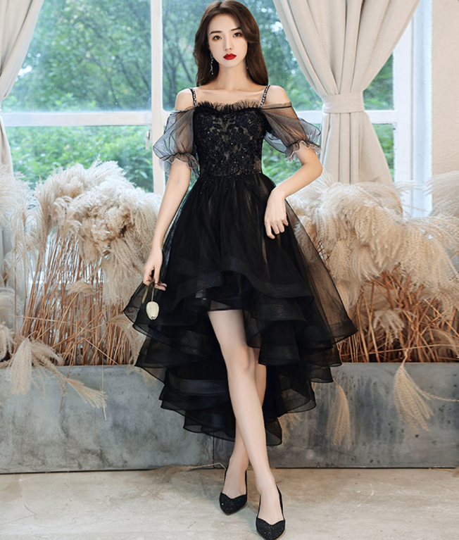 Hazy Black Prom Gown , Tulle Flowy Pleated Corset Hi-Lo Evening Dress RS1730