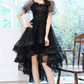 Hazy Black Prom Gown , Tulle Flowy Pleated Corset Hi-Lo Evening Dress RS1730