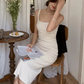 French sexy backless suspender dress slim fit high-end niche medium and long hip skirt R1449